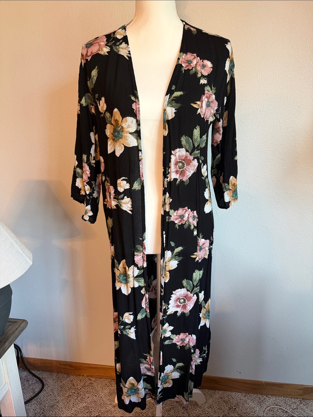 Black Floral Open-Front Longline Tunic Duster